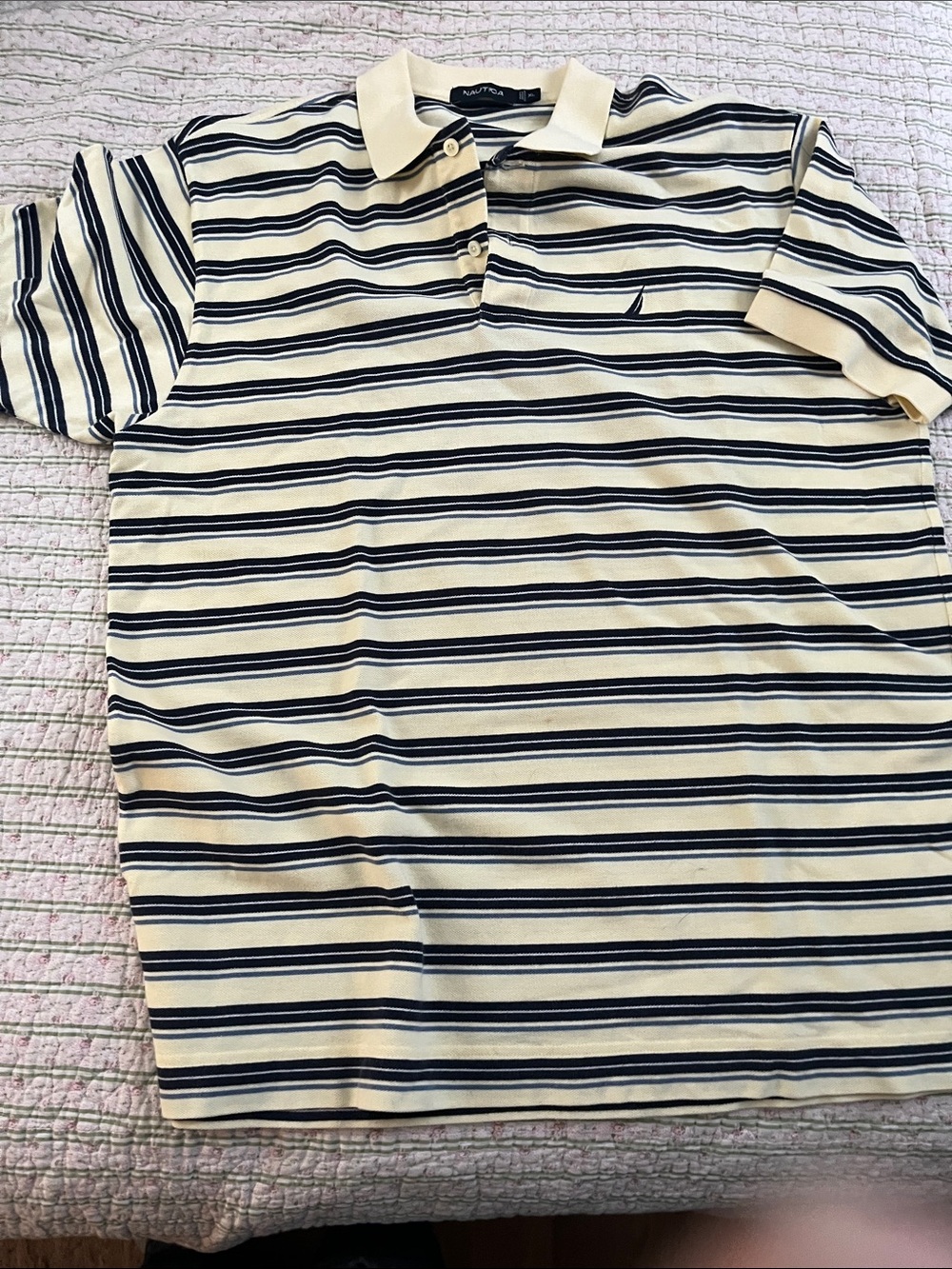 Nautica Pale Yellow Polo with Two Tone Blue Stripes